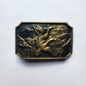 Vtg BTS Solid Brass Belt Buckle Flying Ducks & Mountain Scene USA Embossed
